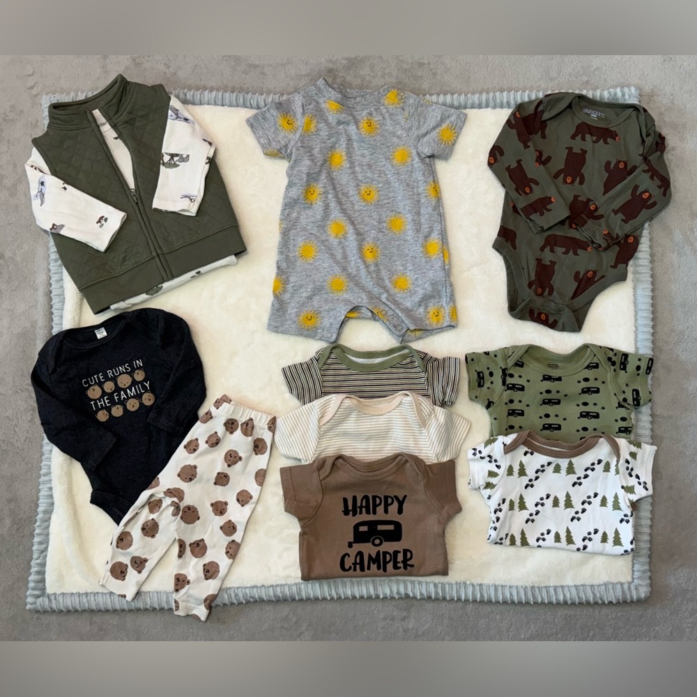 13-Piece Baby Boy 3–6M Adventure Bundle – Happy Camper, Sunshine & Bears